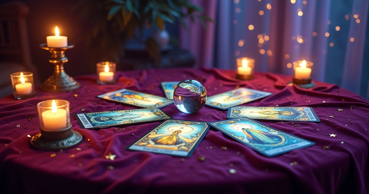 Tarot card spread on a velvet table with candles, a crystal ball, and a celestial background.