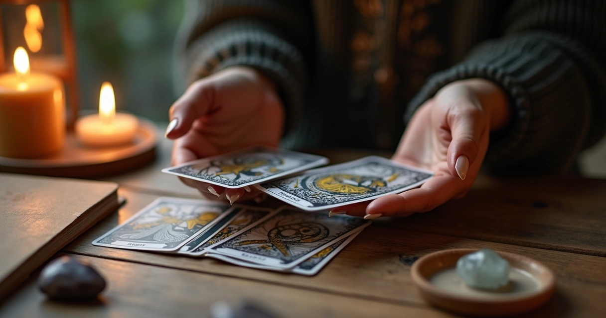 Mãos femininas segurando cartas de tarot sobre mesa de madeira com velas acesas e cristais ao redor