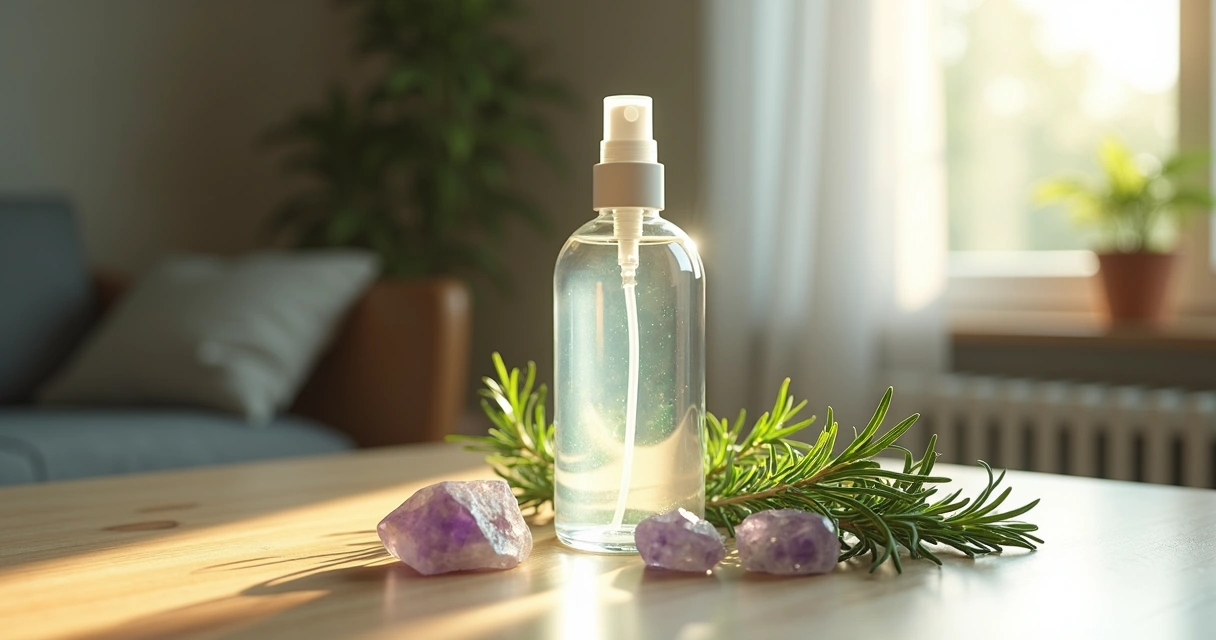 Frasco de vidro com água protegida para borrifar espaço, ao lado de cristais e ervas sobre uma mesa de madeira clara