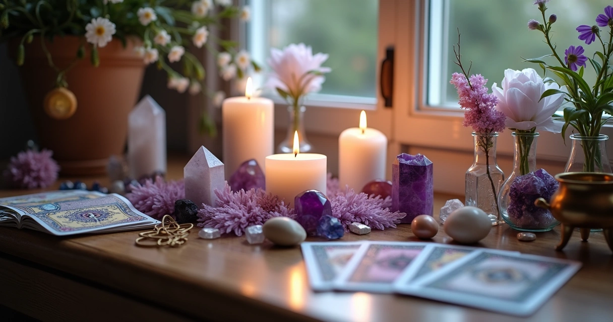 Altar esotérico decorado com velas acesas, cristais coloridos, flores e objetos místicos organizados em superfície de madeira