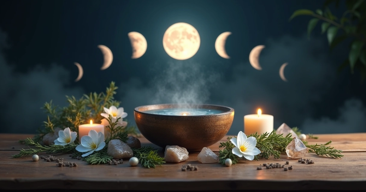 Banho energético com elementos naturais e diferentes fases da lua ao fundo