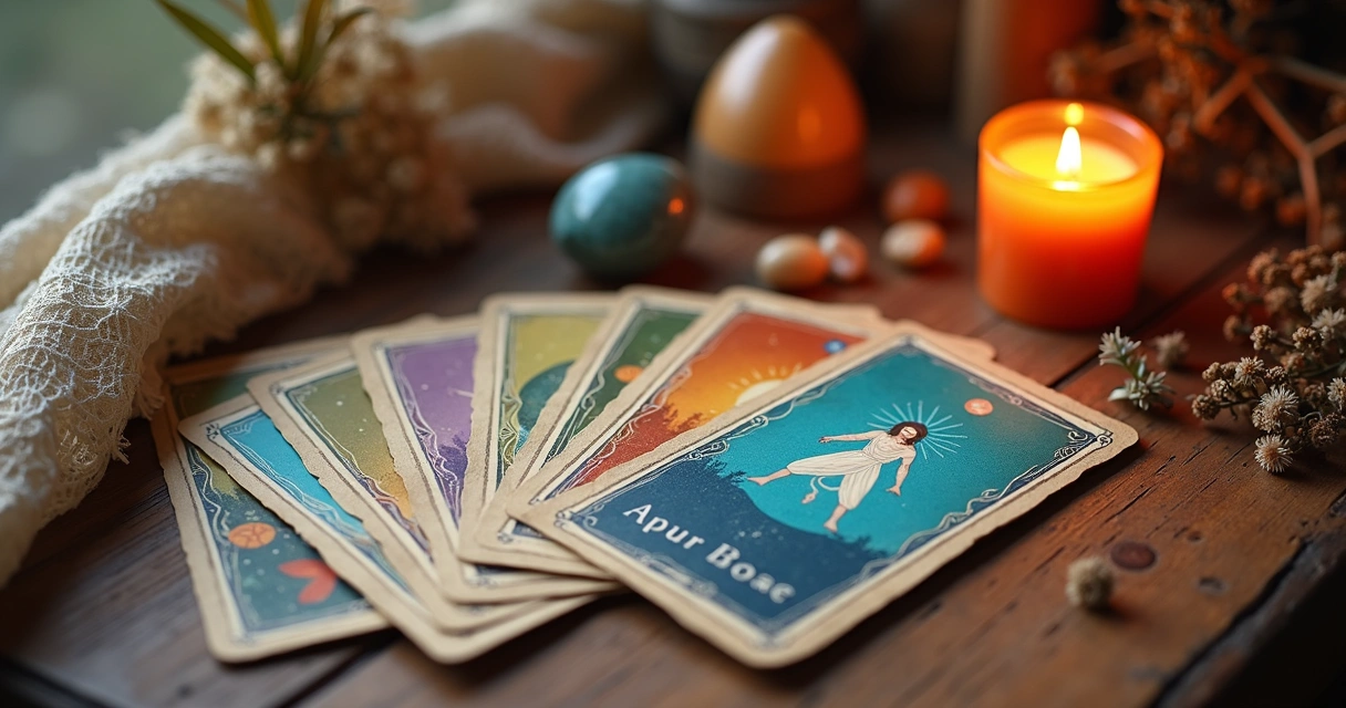 Cartas do oráculo cigano dispostas sobre uma mesa de madeira com elementos esotéricos ao redor como cristais e vela acesa
