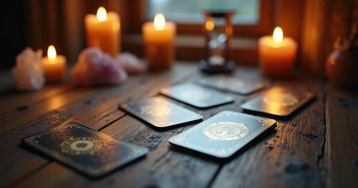 Cartas de tarot dispostas em formato sim ou não sobre mesa de madeira escura com velas acesas ao fundo