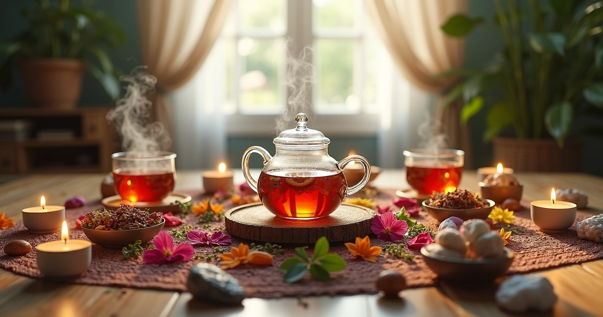 Mesa com ingredientes naturais para chá místico em ritual de cura e proteção, incluindo ervas, flores secas e velas acesas