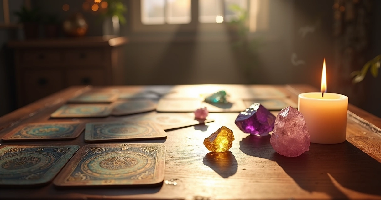 Mesa de madeira com cartas de tarot, cristais coloridos e vela acesa em ambiente místico