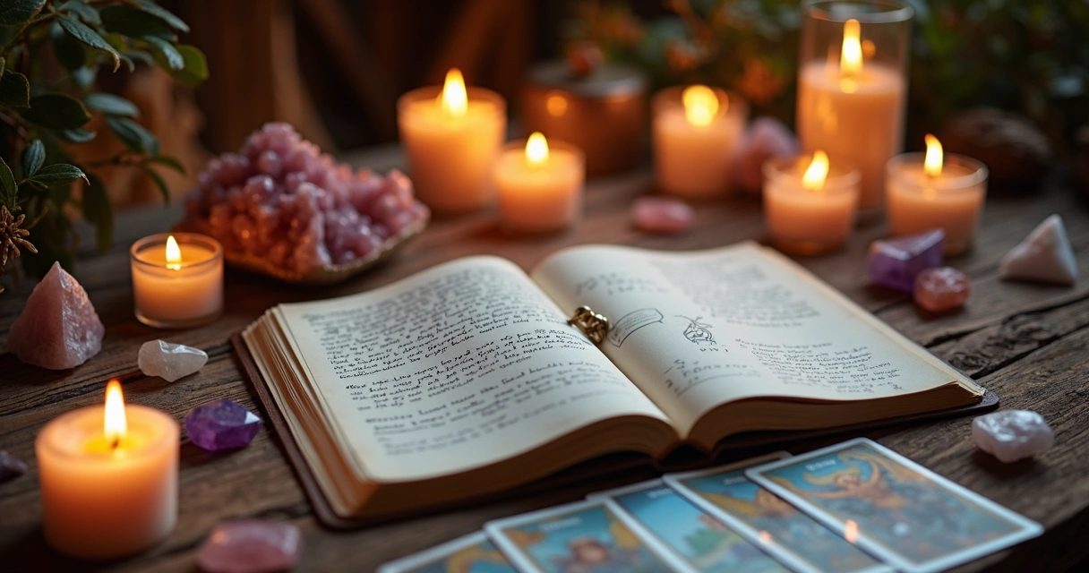 Mesa de madeira com diário aberto, velas acesas, cristais coloridos e cartas de tarot dispostas ao redor
