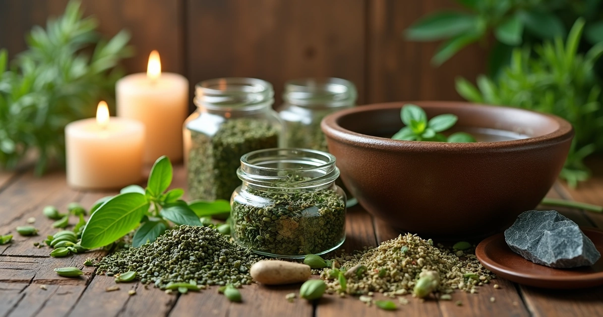 Diversas ervas naturais sobre uma superfície de madeira, destacando folhas secas e frescas com tonalidades verdes e marrons, dispostas em potes de vidro e ao redor de uma bacia de banho. Ambiente ilum