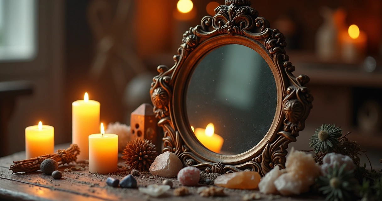 Espelho antigo sobre mesa com velas, cristais e elementos de simpatia ao redor