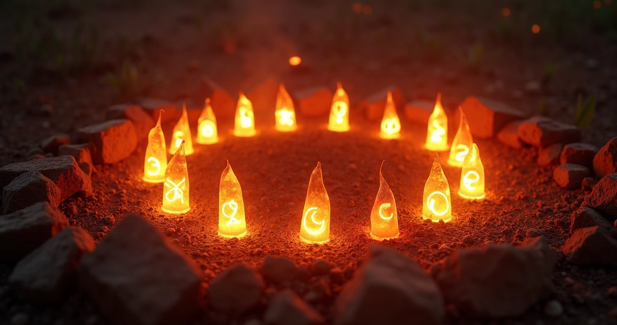 Vários incensos acesos dispostos em círculo, cada um com símbolos dos signos solares iluminados ao fundo