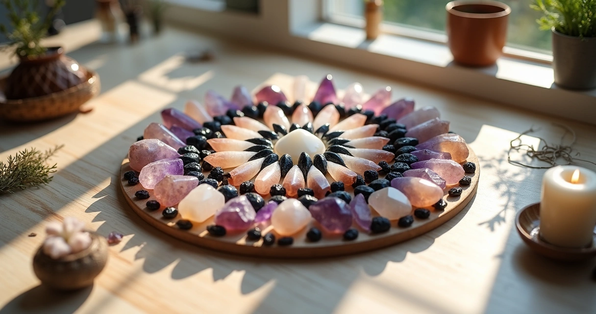 Mandala de proteção feita com cristais dispostos em círculo sobre mesa de madeira clara, com luz natural suave iluminando detalhes das pedras coloridas e elementos esotéricos ao redor