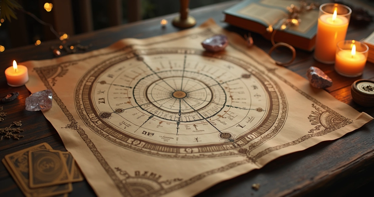 Mapa astrológico detalhado com símbolos zodiacais e padrões circulares representando conexões familiares kármicas
