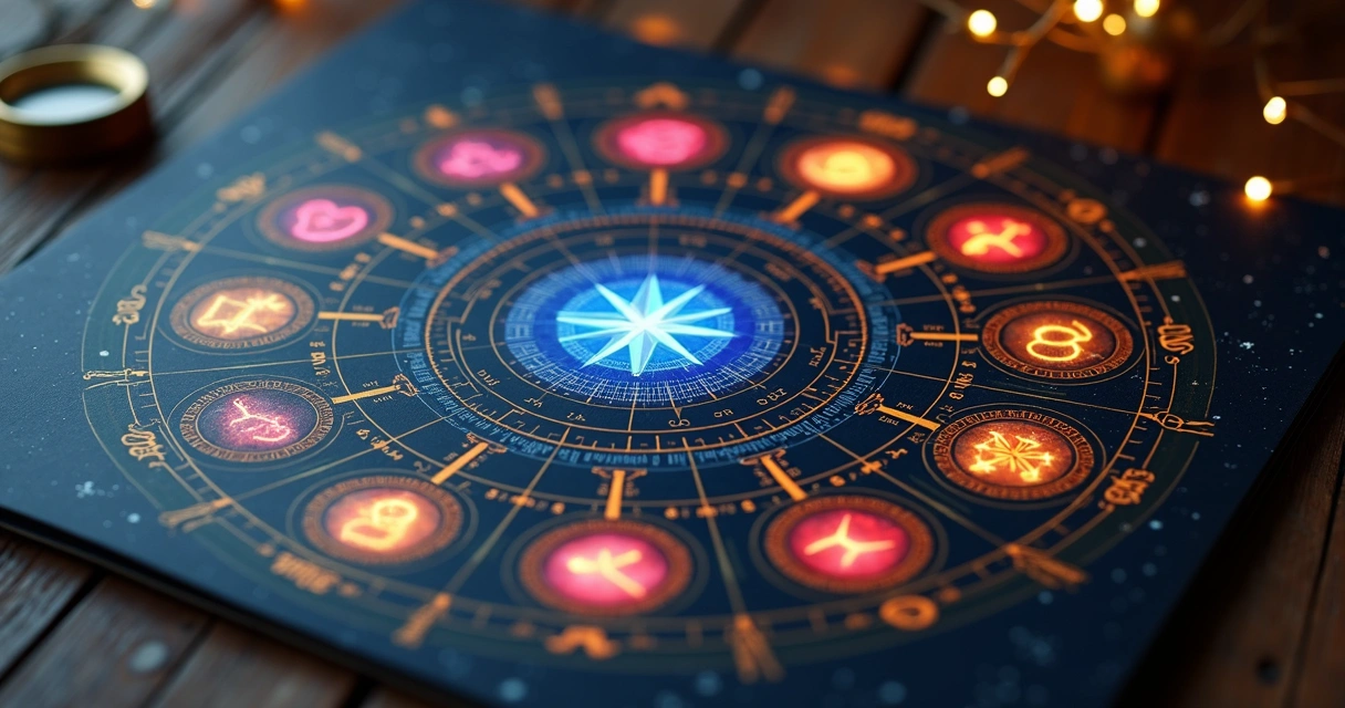 Mapa astrológico com doze casas destacadas em anéis coloridos e símbolos zodiacais ao redor