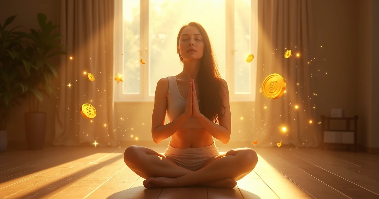 Mulher sentada em posição meditativa com mãos unidas, rodeada por símbolos de prosperidade e luz dourada