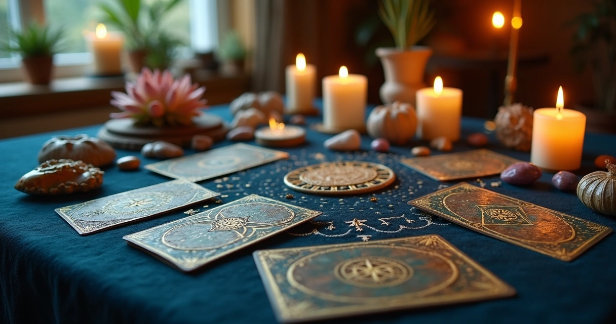 Mesa com cartas de tarot, pedras de runas e búzios dispostos em círculo sobre tecido azul escuro