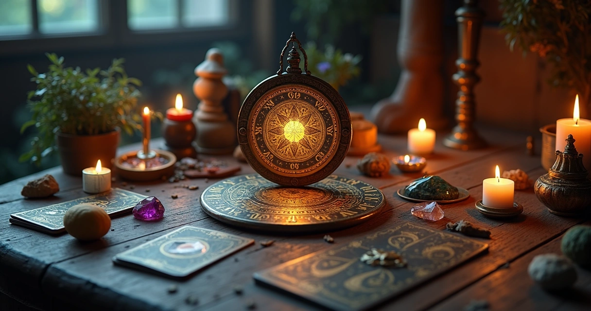 Mesa com objetos esotéricos e relógio astral mostrando influência dos planetas nos rituais