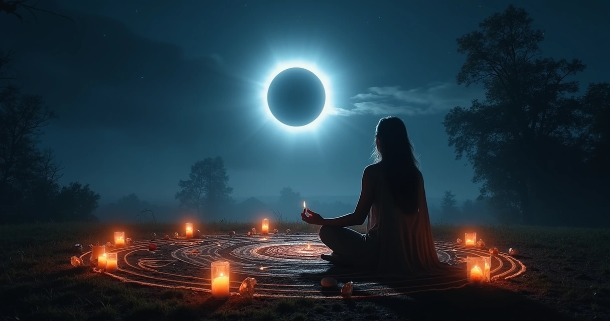 Pessoa realizando ritual sob um eclipse solar, com velas acesas, cristais e símbolos esotéricos ao redor, céu escuro com luz suave do eclipse refletida