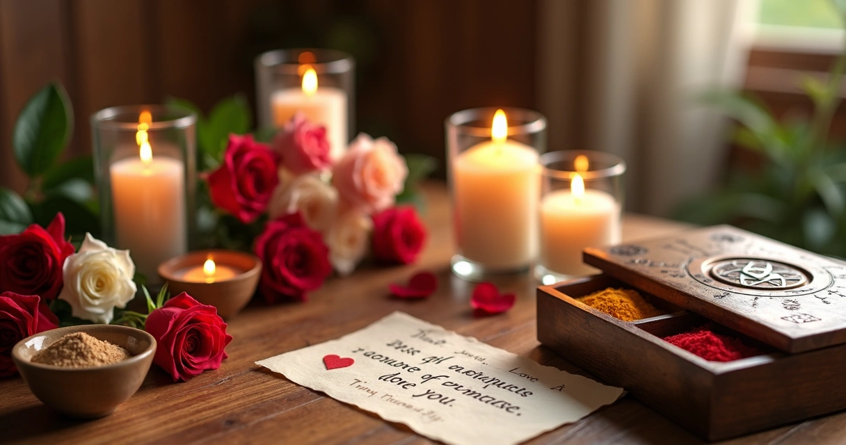 Mesa com velas acesas, flores e objetos para simpatias de renovação amorosa