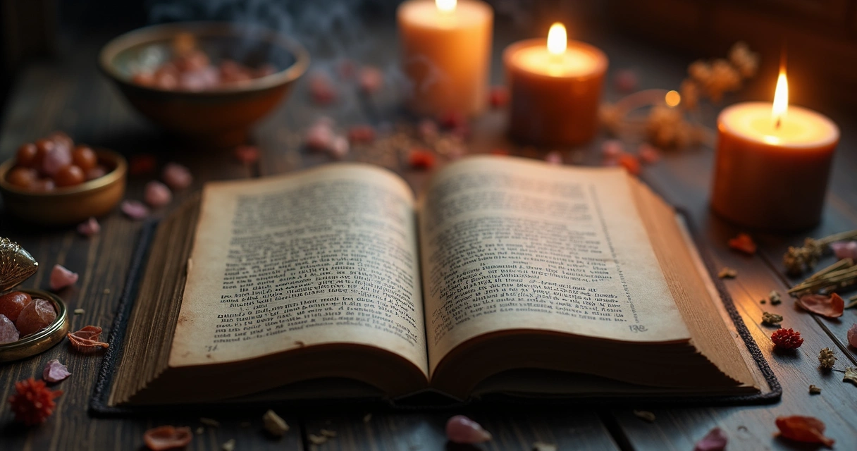 Livro aberto de salmos iluminado por velas sobre mesa com símbolos esotéricos e elementos de magia