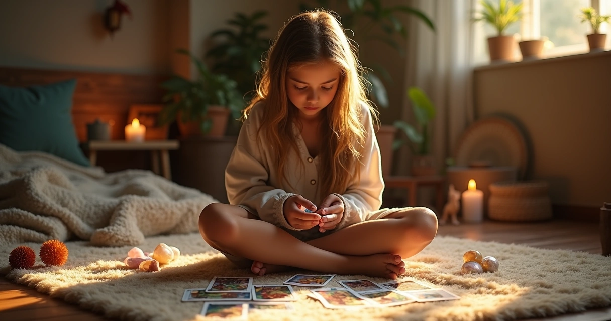 Adolescente sentada com cartas de tarot em mãos, ambiente acolhedor com iluminação suave