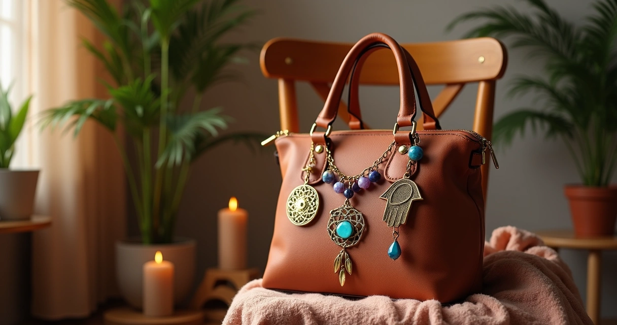 Colar e chaveiro de amuletos femininos pendurados em bolsa com fundo de casa decorada