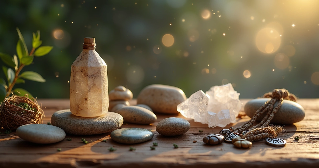 Amuletos feitos com objetos do cotidiano dispostos sobre uma mesa de madeira clara, incluindo pedras, pequenos cristais, cordões, sementes e pingentes naturais