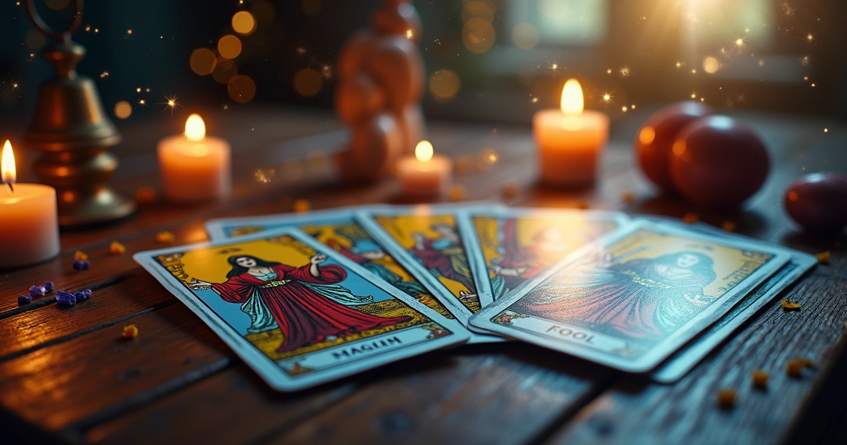 Cartas dos Arcanos Maiores dispostas em leque sobre fundo místico com detalhes dourados e luz suave