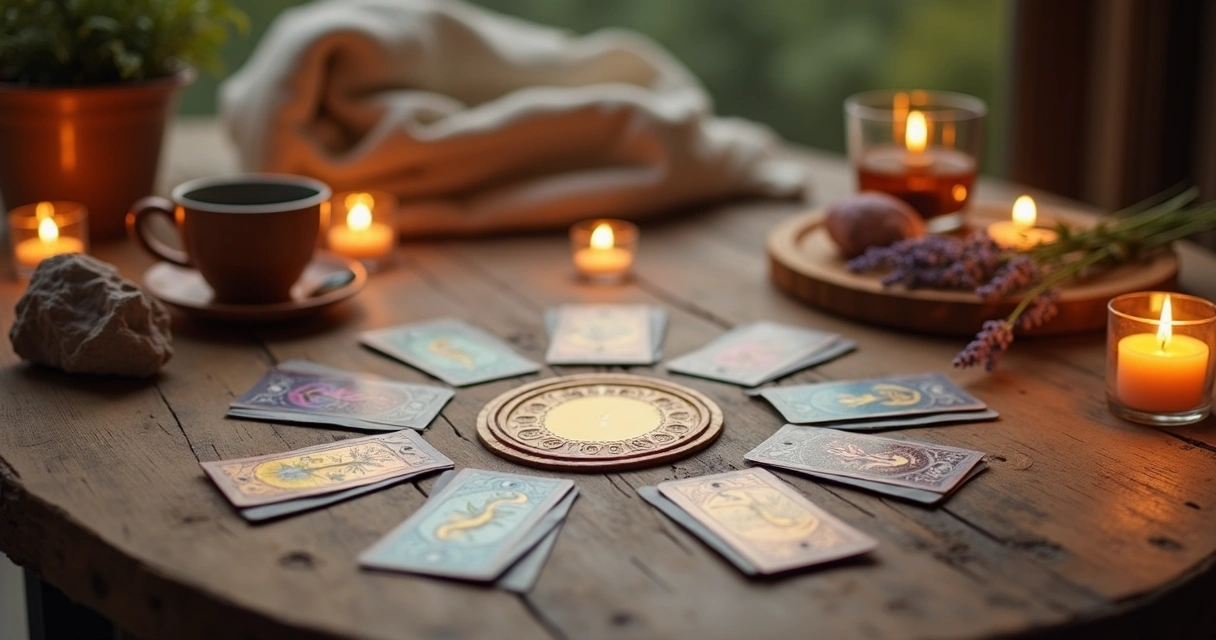 Mesa com cartas de tarot dispostas em círculo e luz suave ambiente