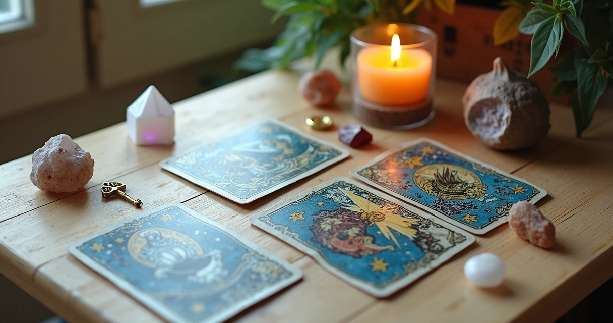 Cartas Lenormand detalhadas espalhadas sobre uma mesa de madeira clara com elementos esotéricos ao redor