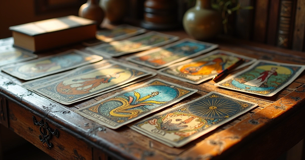 Mesa com cartas de tarot espalhadas, caderno aberto e lápis para planejamento de estudos