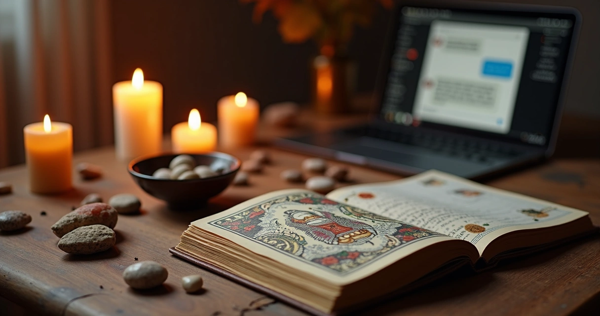 Mesa com cartas de tarot, búzios e elementos esotéricos em ambiente acolhedor e iluminado