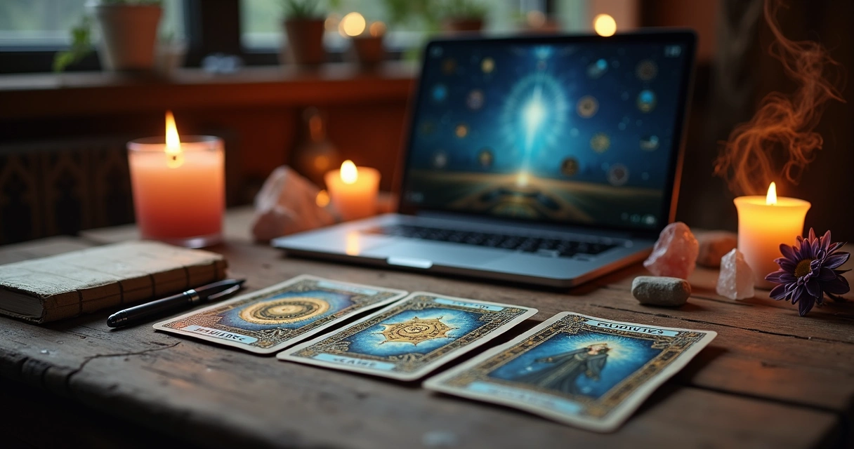 Mesa de madeira com cartas de tarot dispostas em cruz celta, ao lado de um notebook e vela acesa