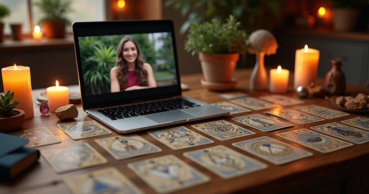 Mesa com cartas de tarot espalhadas, computador aberto para consulta online, ambiente acolhedor com velas e cristais