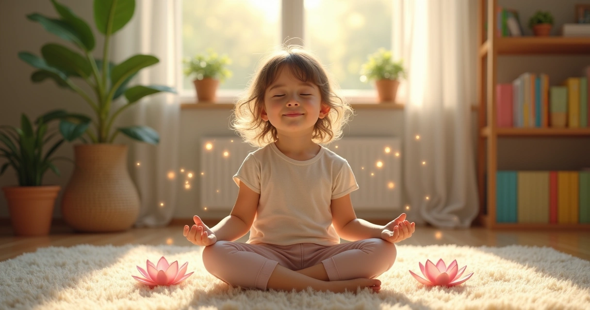 Criança sentada de pernas cruzadas em ambiente tranquilo, com olhos fechados e mãos em posição de meditação