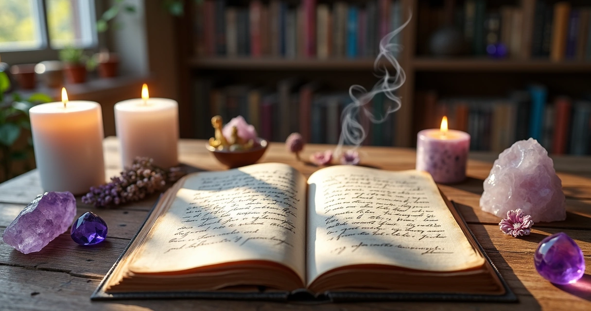 Diário aberto com páginas escritas à mão cercado por cristais, velas acesas e itens esotéricos numa mesa de madeira
