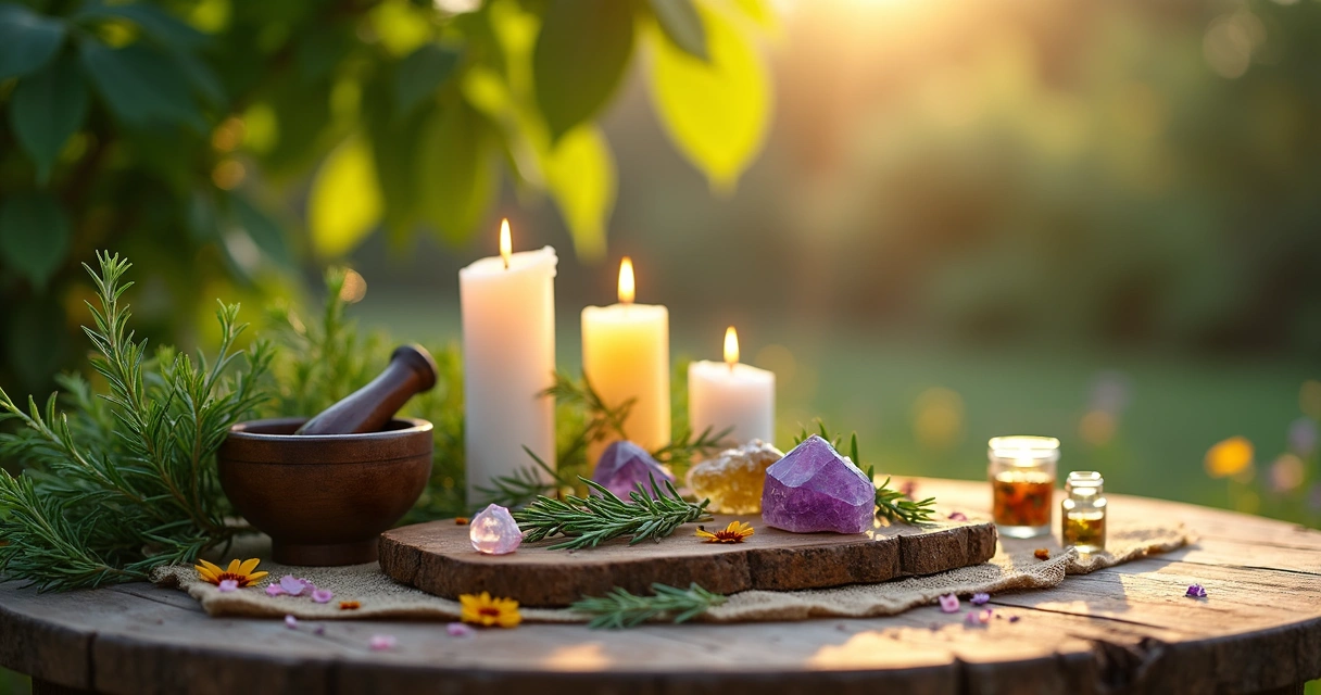 Mesa de madeira rústica com elementos naturais do quintal para rituais de magia, como ervas frescas, cristais coloridos, velas acesas e pequenos objetos esotéricos