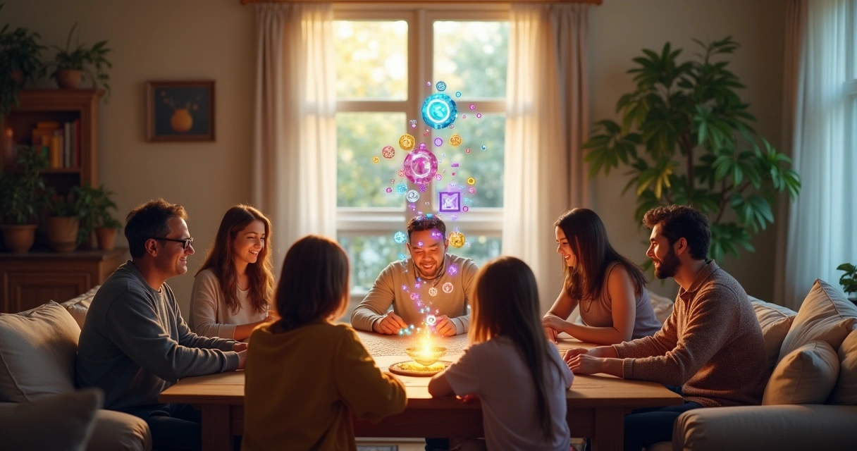 Família unida em círculo segurando símbolos de números coloridos sobre uma mesa de madeira