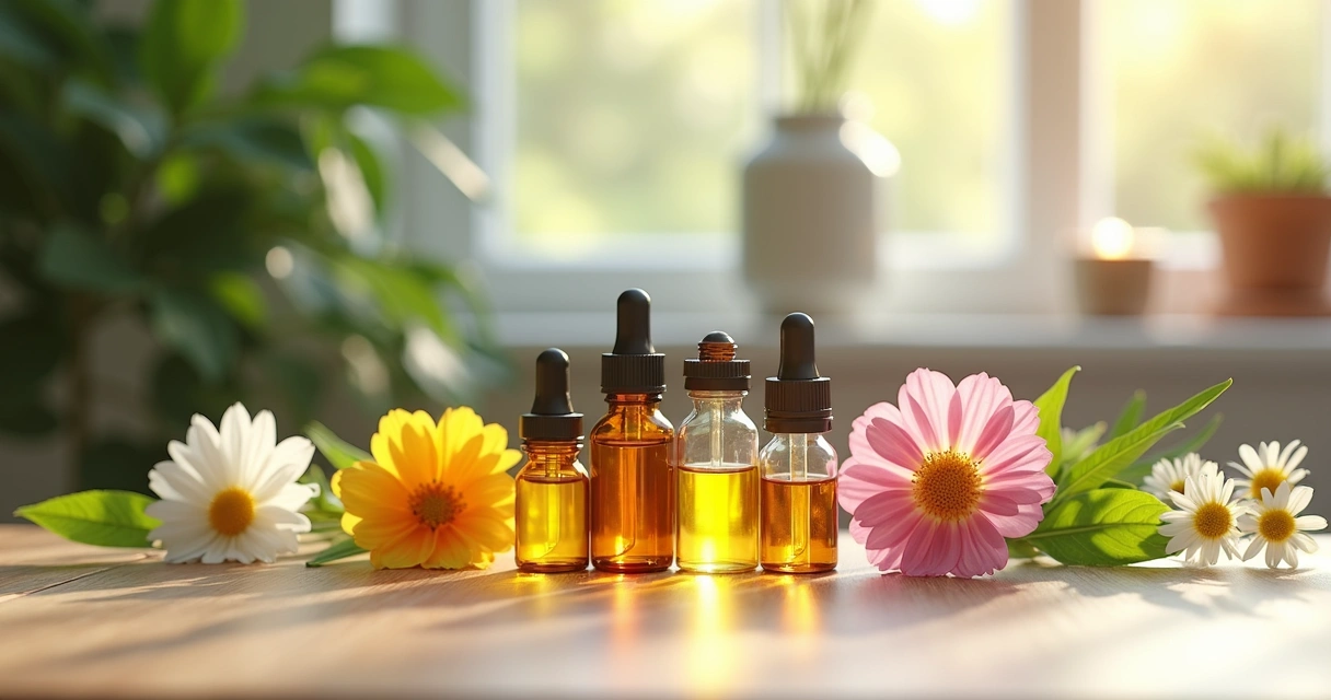 Frascos de Florais de Bach dispostos sobre uma mesa de madeira clara, rodeados por flores frescas e folhas verdes, com luz natural suave iluminando a cena