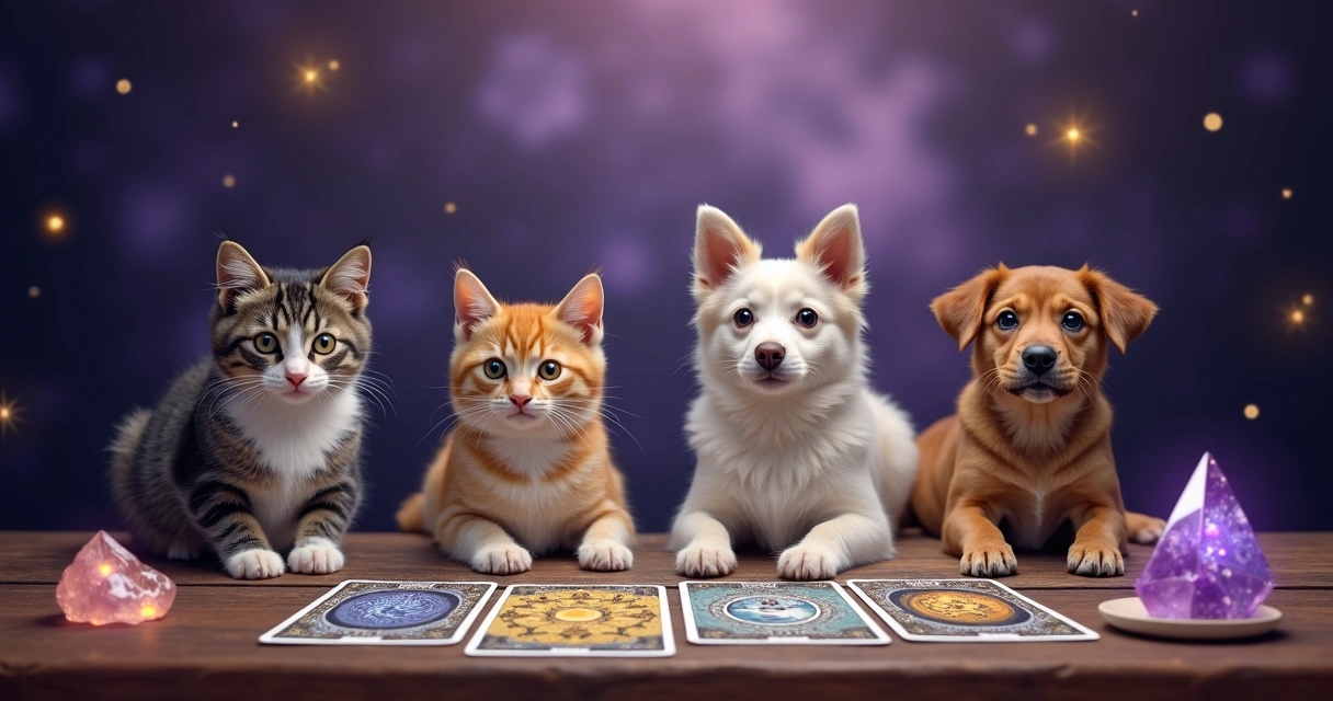 Dois gatos e dois cachorros sentados em um cenário místico com cartas de tarot, cristais e símbolos esotéricos luminosos ao redor