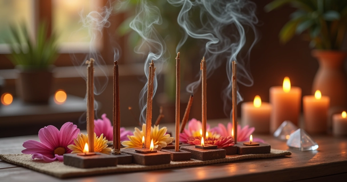 Vários incensos acesos em um ambiente acolhedor com fumaça suave, flores e cristais ao redor
