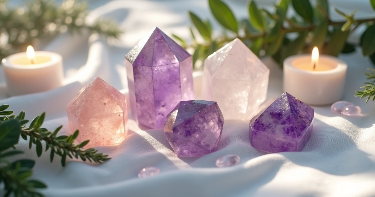 Cristais variados sobre um tecido branco com elementos naturais ao redor para limpeza e consagração, como ervas, velas acesas e cristais de quartzo