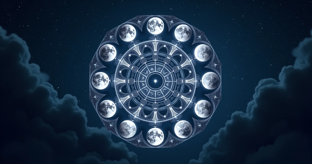 Mandala lunar detalhada com fases da lua em fundo escuro estrelado