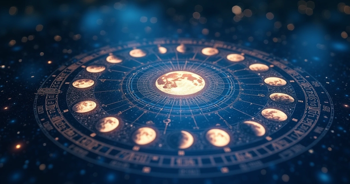 Mapa lunar detalhado com fases da lua e constelações em fundo escuro
