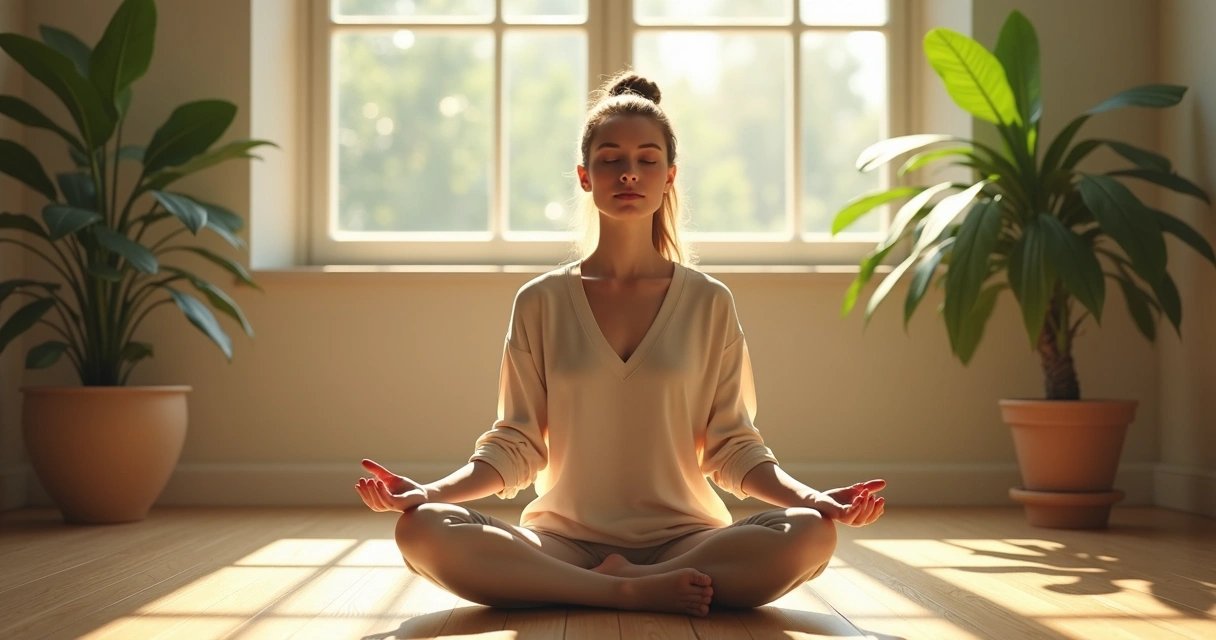 Mulher sentada em posição de meditação, olhos fechados, em ambiente tranquilo com luz suave e plantas ao redor