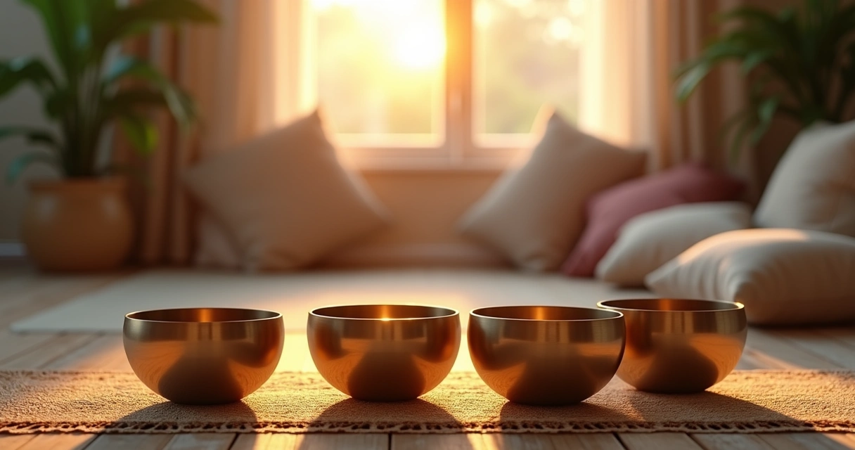 Cena serena de meditação com taças tibetanas em foco sobre um tapete de ioga, luz suave ao entardecer