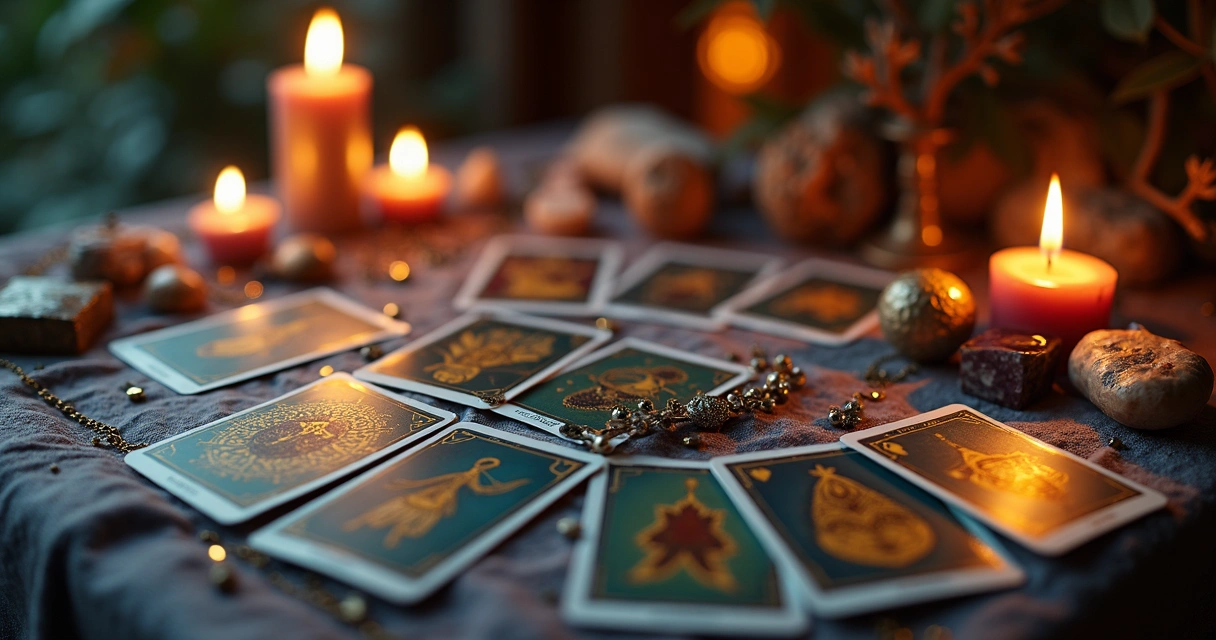 Mesa com cartas de tarot espalhadas, velas acesas e cristais sobre uma toalha mística