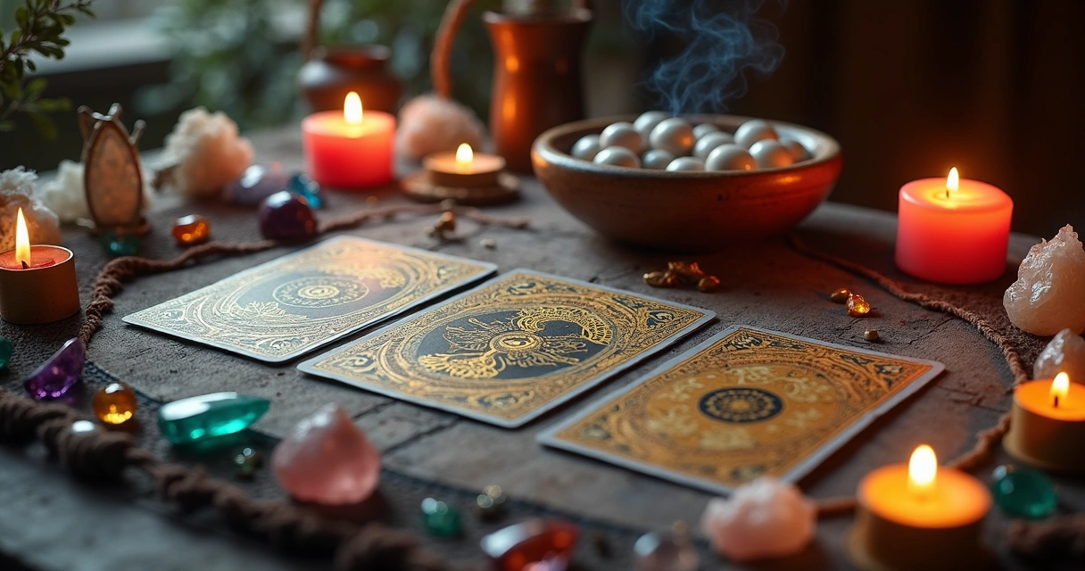 Mesa com diversos oráculos combinados para consulta, incluindo cartas de tarot, búzios e cristais organizados em ambiente esotérico com velas acesas
