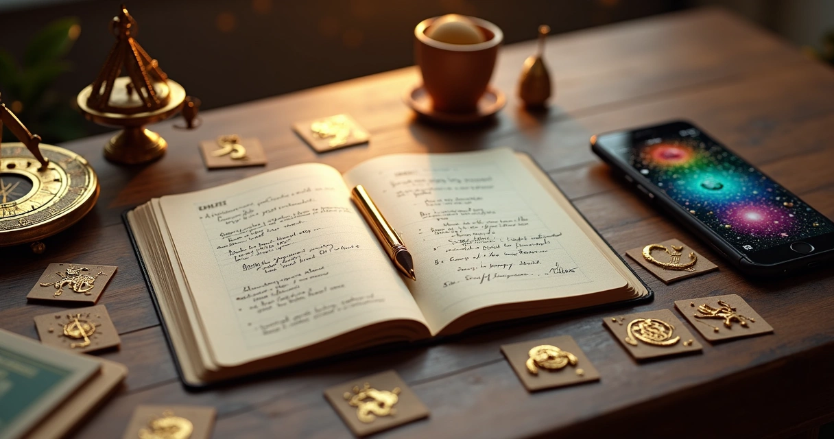 Mesa com itens astrológicos, caderno com planejamento financeiro e signos do zodíaco ao redor