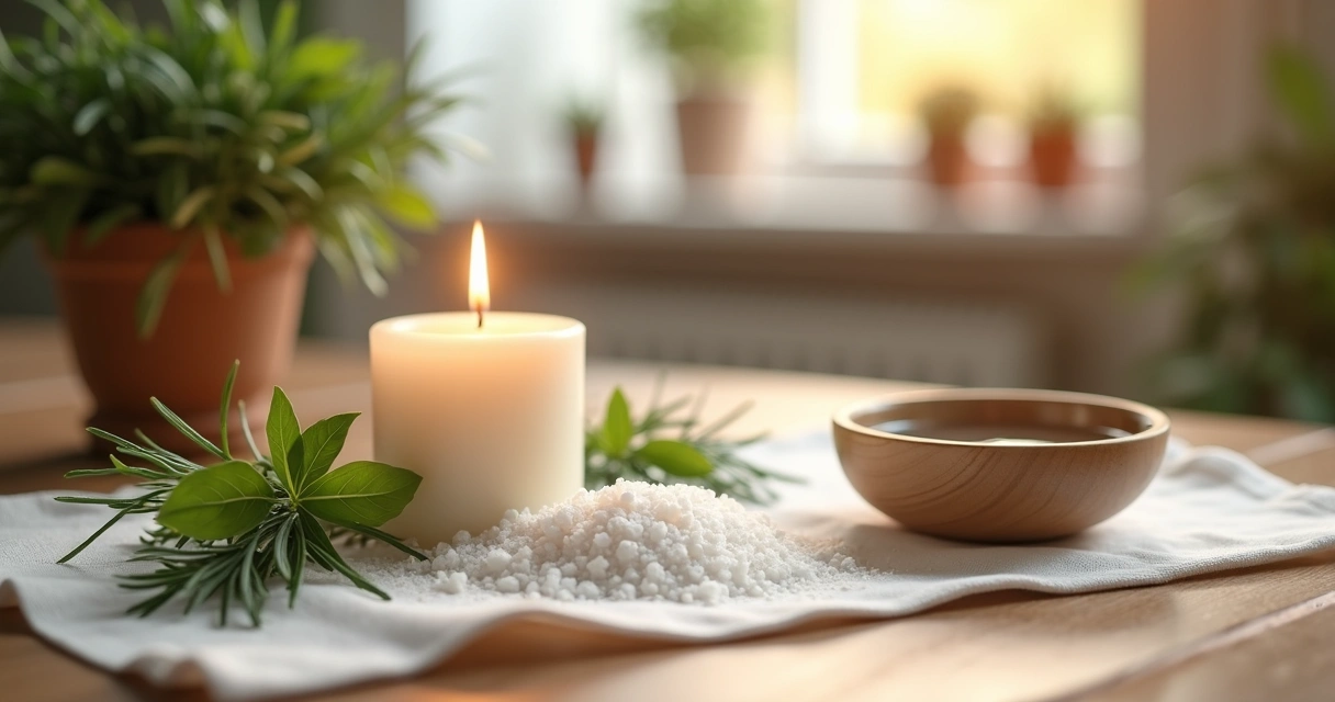 Mesa com objetos para simpatia de proteção na mudança de casa, incluindo vela acesa, sal grosso e ervas sobre tecido branco