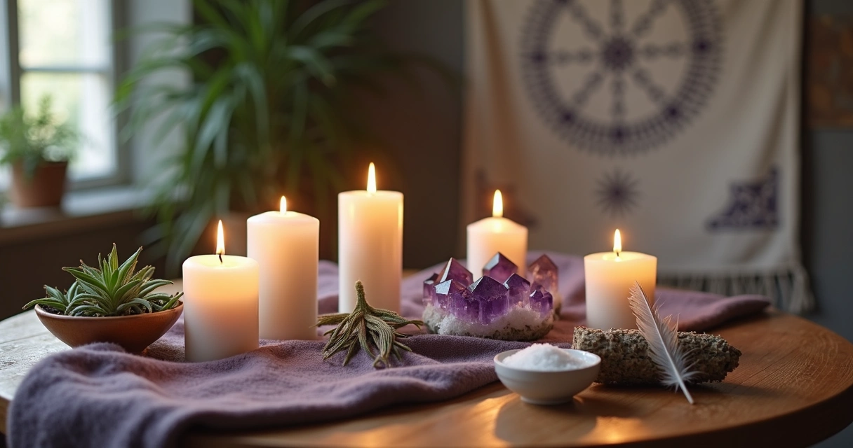 Mesa com velas acesas, cristais, e plantas para ritual de desapego