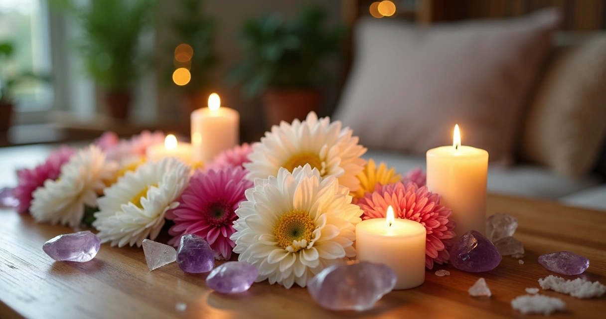 Mesa com ritual de limpeza energética usando flores coloridas, velas acesas e cristais